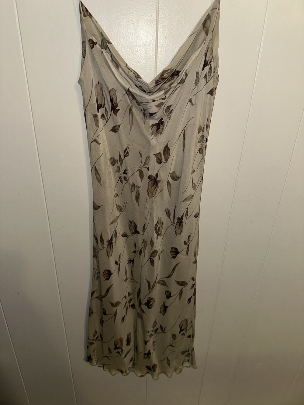 Allure Beige/Brown Floral Slip Dress Cowl Neck Spaghetti Straps Midi Size 6